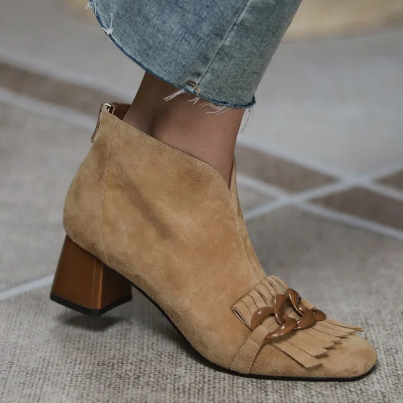 Top Trends: HOT SALES Autumn / Winter Women Boots Sheep Suade Round Toe Square Mid-Heel Ankle Boots Tassel Zipper Fashion Office Ladies Shoes Shoppable Styles