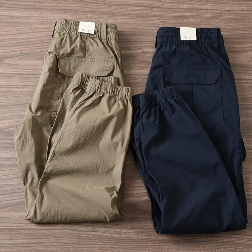 Top Trends: Men Pants Ankle Length Flap Pockets Multi Pockets Elastic Waist Summer Cargo Pants Soft Fabric Summer Cargo Pants Clothes Shoppable Styles