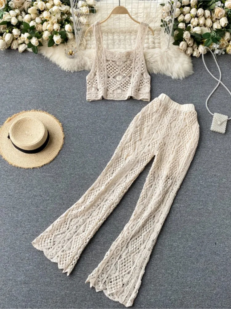 Top Trends: Women Summer Sexy Sleeveless Hollow Out Knitted Short Strap Tops Long Flare Pants Two Piece Suits Boho Beach Clothing Shoppable Styles