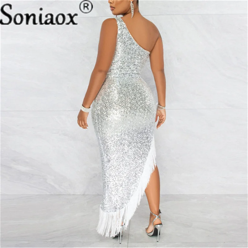 Top Trends: Women Sexy One Shoulder Solid Shiny Sequin Fringe Dress Ladies Tassel Irregular Slit Elegant Evening Prom Party Dress 2022 New Shoppable Styles - Image 2