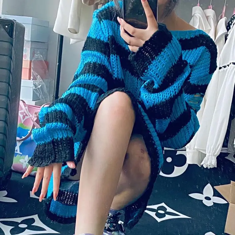 Top Trends: New High-quality Korean Version Women's Ripped Sweater Female Couple Stripe Loose Hollow Out Y2k Top Long Sleeve Pullover Shoppable Styles