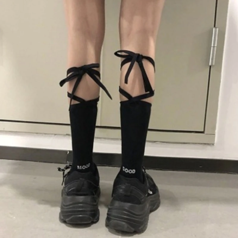 Top Trends: Japanese Women Ribbed Crew Socks With For Cross Bow Lace Up Tie Harajuku Letters Print Black White Mid Tube Hosie Shoppable Styles