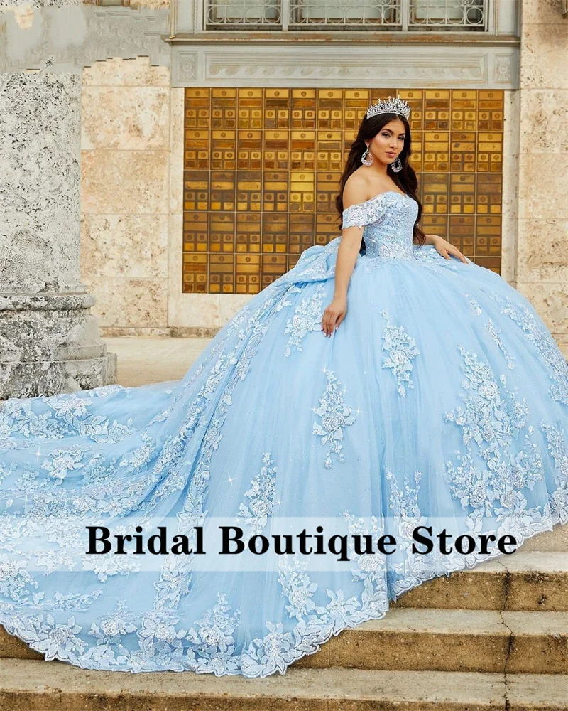 Top Trends: Sky Blue Ball Gown Quinceanera Dresses 2024 Bow Off Shoulder Beaded Appliques Sequins Sweet 16 Dress Vestidos De 15 Años 2023 Shoppable Styles