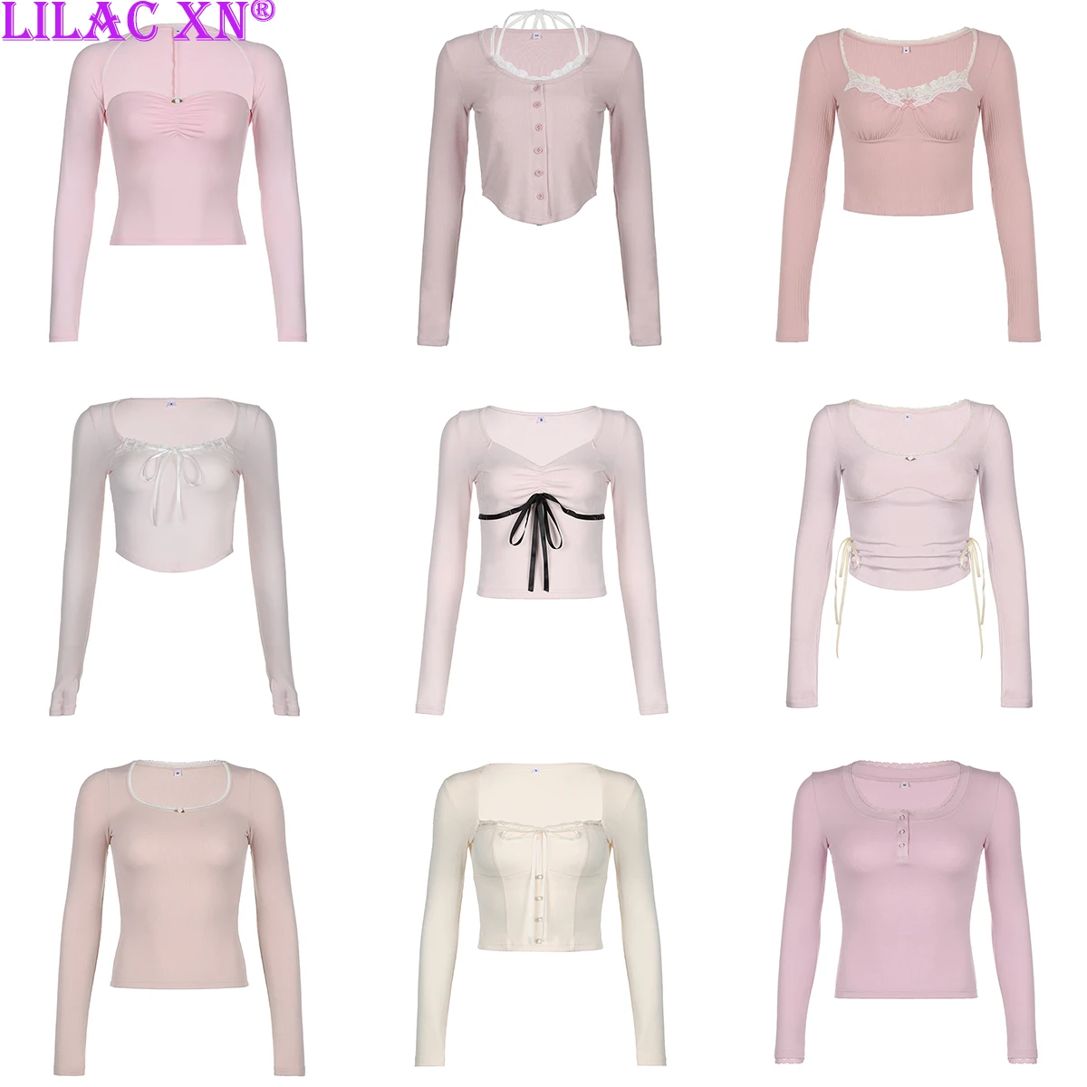 Top Trends: Y2K Sweet Pink Lace Trim Long Sleeve Corset Crop Tops Korean Style Cute Aesthetic Slim T-Shirt Women Basic Tees Autumn Pullovers Shoppable Styles