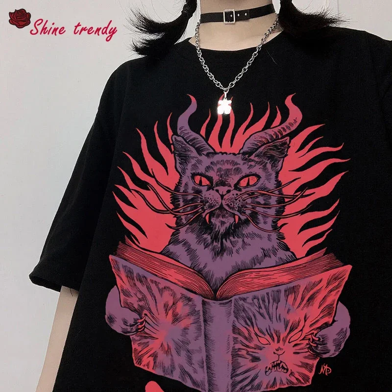 Top Trends: Summer Harajuku Goth Cat Y2k Harajuku Tops Women T Shirt Summer Print Short Sleeve Loose Plus Size Clothes Oversized T-shirt Shoppable Styles