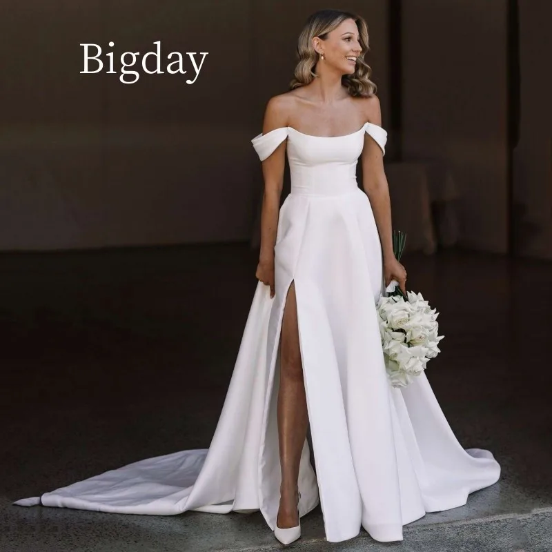 Top Trends: Elegant A-Line Wedding Dresses Women Open Back White Satin Off The Shoulder Side Split Bridal Gown Sweep Train Vestidos De Novia Shoppable Styles