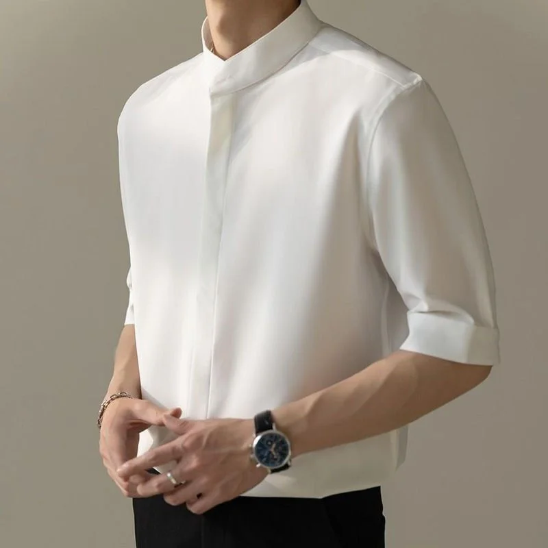 Top Trends: 2023 New Summer Business Casual Standing Collar Spliced Button Ice Silk Short Sleeves Slim Fashion Trend Mmen's Clothing Shirt Shoppable Styles