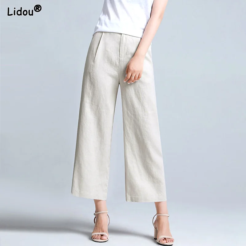 Top Trends: Calf-length Pants Button Pockets Zippers Women's Clothing Thin Summer Loose Wide Leg Solid Color Casual Elegant Straight Simple Shoppable Styles