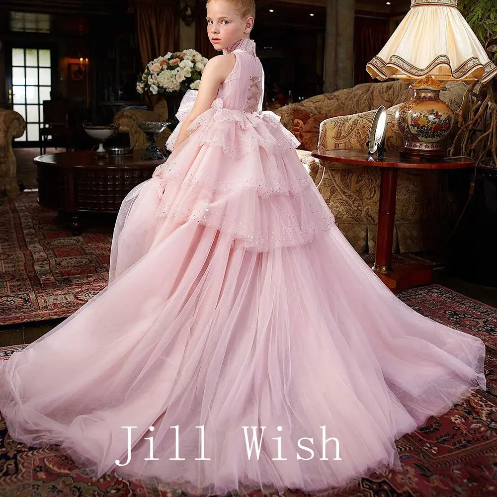 Top Trends: Jill Wish Luxury Pink Dubai Flower Girl Dress Sequined Tiered Princess Kids Ball Gown For Wedding Birthday Party Pageant J100 Shoppable Styles