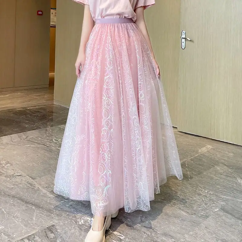 Top Trends: Elegant Fashion High Waist Printed Mesh Skirt Women's Clothing 2023 Summer Korean Loose A-Line Pleated Fairy Skirts For Female Shoppable Styles - Image 6