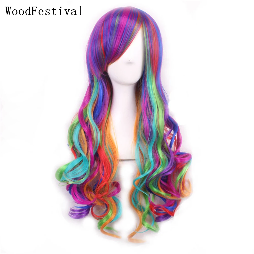 Top Trends: WoodFestival Synthetic Hair Cosplay Wig With Bangs Color Wigs For Women Pink Purple Red Blue Rainbow Green Long Wavy Black Shoppable Styles