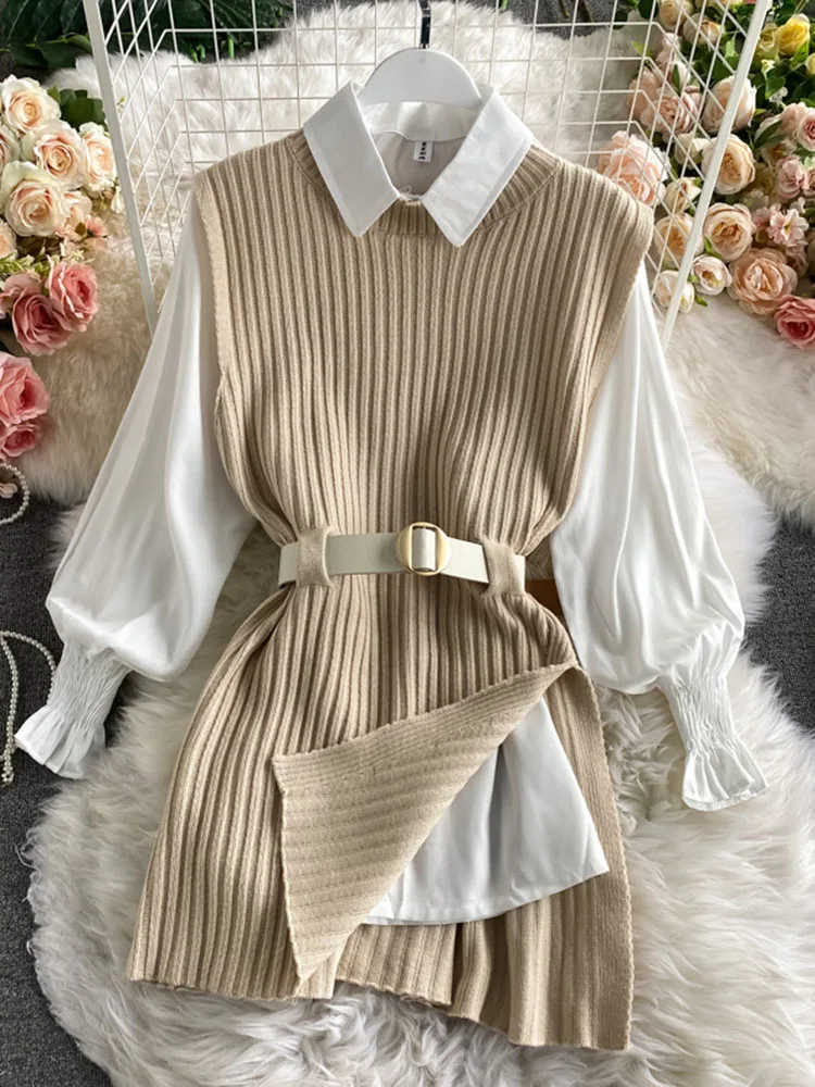 Top Trends: Spring Autumn Women's Lantern Sleeve Shirt Knitted Vest Two Piece Sets Of College Style Waistband Vest Two Sets Top UK900 Shoppable Styles