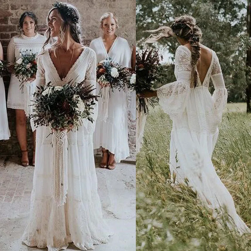 Top Trends: Boho Wedding Dresses 2024 Lace Long Sleeves V-neck Backless Sweep Train Pleats Beach Bridal Gowns Bride Dress Vestido De Noiva Shoppable Styles