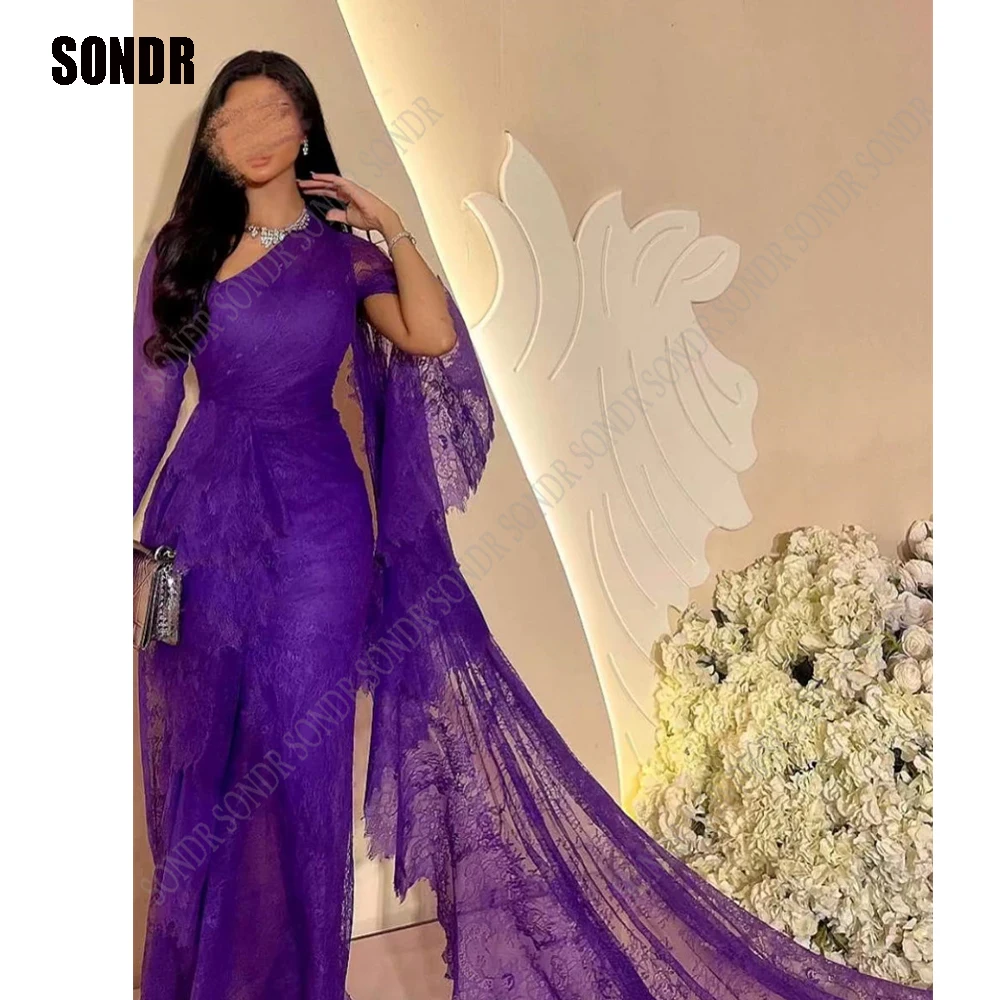 Top Trends: SONDR Dark Purple Long Lace Flowers Prom Dresses Full Jacket Sleeves Dubai Saudi Arabic Custom Evening Gowns Formal Party Dress Shoppable Styles