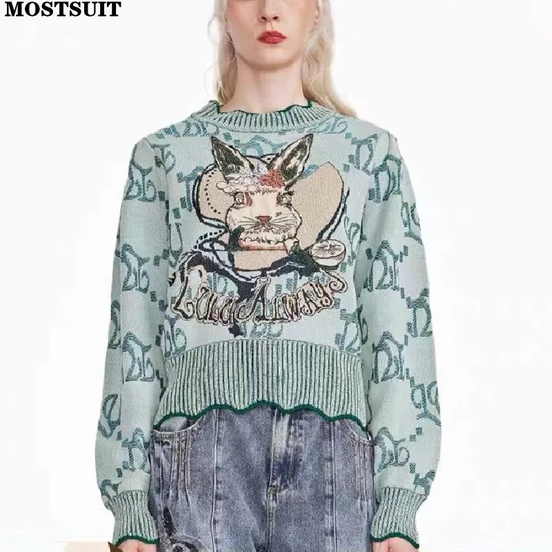 Top Trends: Rabbit Jacquard Knit Sweater Pullover Women Stylish Vintage Fashion Chic Tops Autumn Winter Long Sleeve O-neck Jumpers Knitwear Shoppable Styles