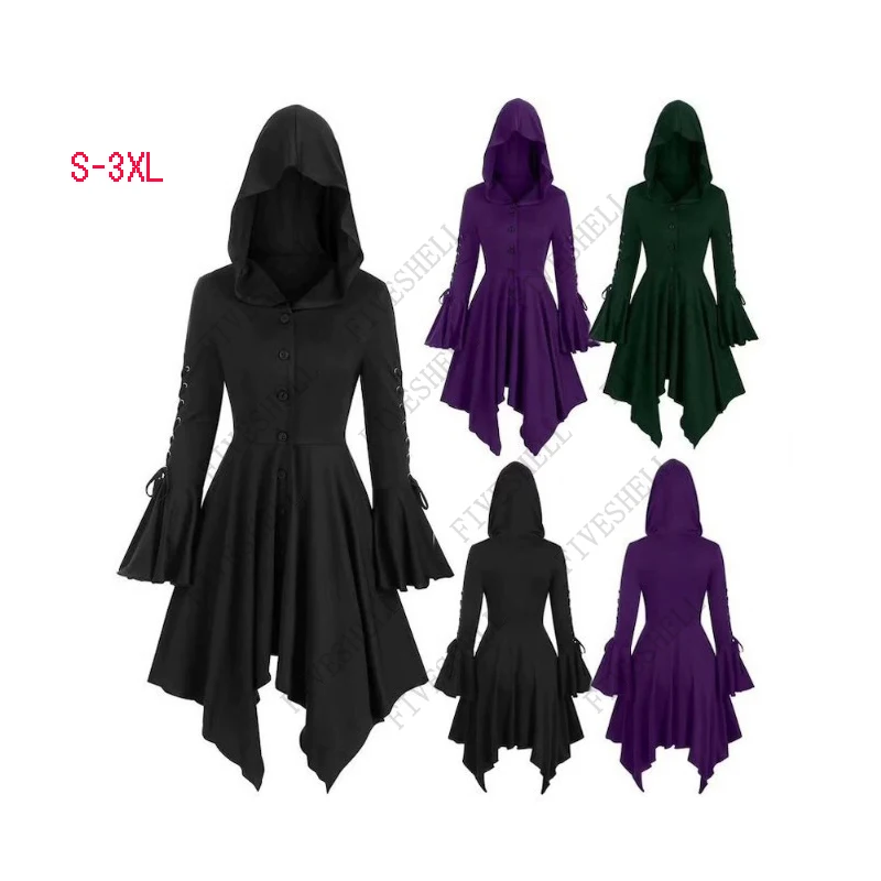 Top Trends: Spring And Autumn 2023 Gothic Lace Up Hooded Ruffle Sleeves Bandage Irregularly Placed Buttons Women's Cloak Coat Cosplay Dress Shoppable Styles