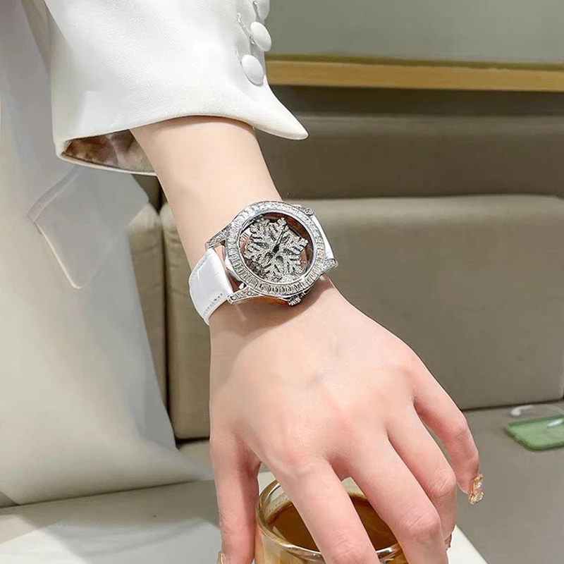 Top Trends: Skeleton Watch For Women Luxury Lady Quartz Wristwatch Snowflake Rhinestone Spinning Diamond Face Leather Band Montre Femme Shoppable Styles