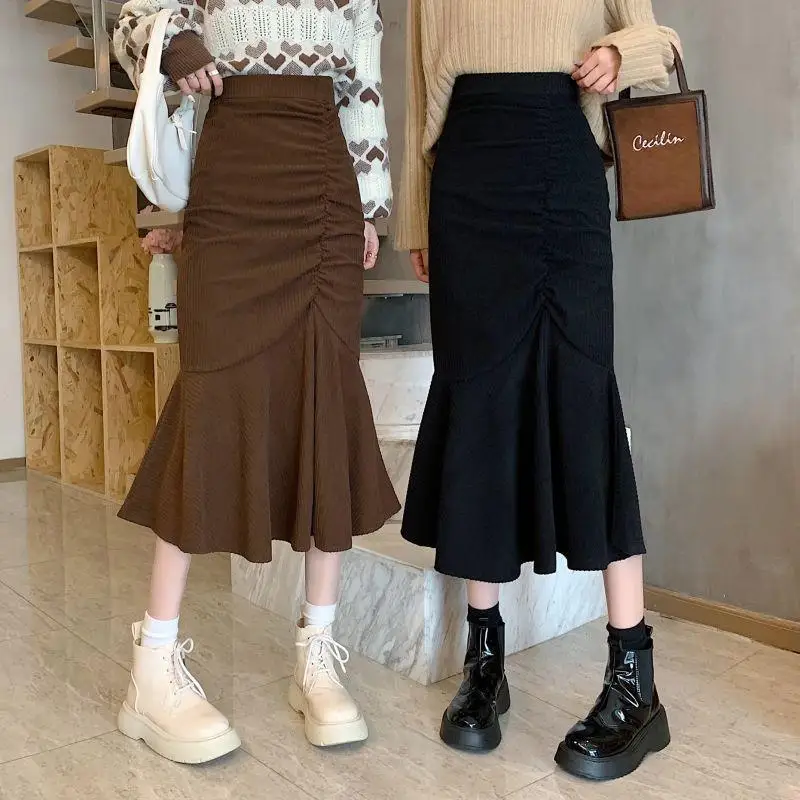 Top Trends: Korean Fashion Women Corduroy Pleated Long Skirt Autumn Winter Elastic High Waist Slim Ruffles Versatile Casual Fishtail Skirts Shoppable Styles