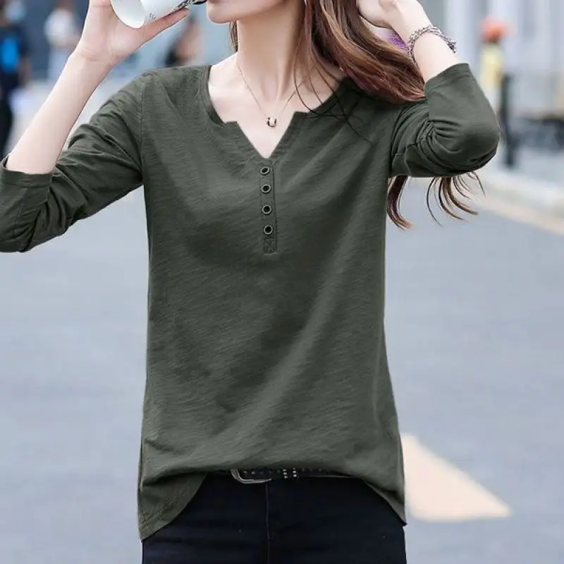 Top Trends: New Loose V-neck Female Clothing Autumn And Winter Button Tee Shirt Long Sleeve T-shirt Women's Large Pullover Fashion Tops Shoppable Styles