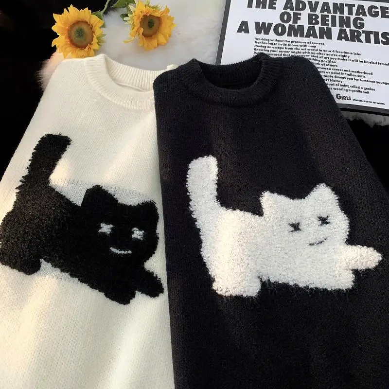 Top Trends: Fashion Korean Vintage Cute Cat Print Women Hoodie Spring Winter Y2K Warm Couple Street Hip Hop Loose Long Sleeve Hoodie Shoppable Styles - Image 5