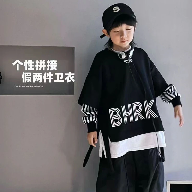 Top Trends: 2023 Boys' Spring And Autumn New Fake Two Piece Sweater Children's Long Sleeve Cool Loose Casual Stripe Sleeve Splice Top Shoppable Styles