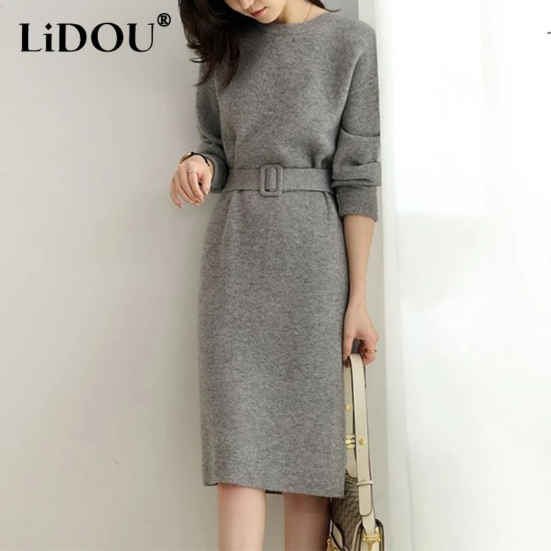 Top Trends: Autumn Winter O Neck Elegant Fashion Solid Simple Lace Up Dress Ladies Temperament All-match Bottomed Midi Dresses Robe Vestidos Shoppable Styles