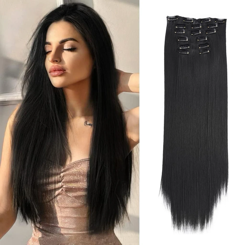 Top Trends: Black Hair Extensions 24&quot; / 60cm 140g 6pcs / set Women Long Straight Synthetic Full Head Clip 16 Clips Ombre Heat Resistant Fiber Shoppable Styles