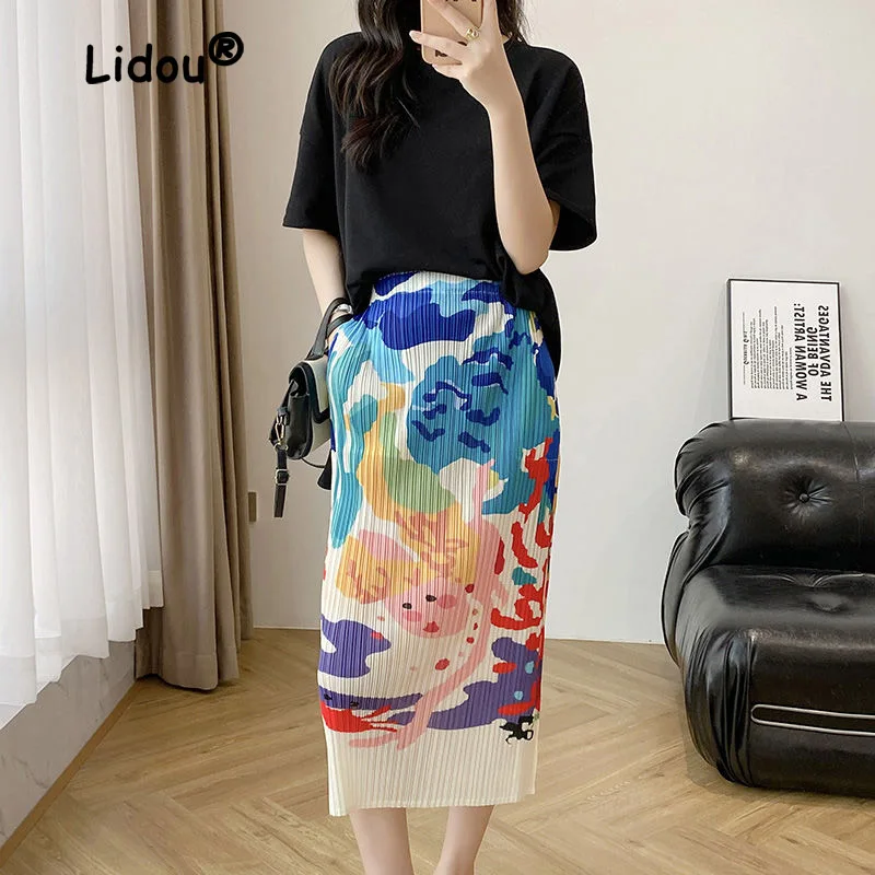 Top Trends: Casual Printing Underwater World Pleated Skirt Women Classic Loose Sense Of Design High Waist Mid Length Version Skirt Shoppable Styles