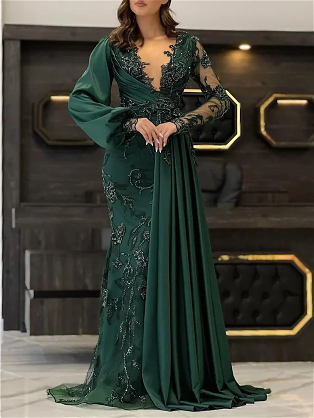 Top Trends: Mermaid Luxurious Illusion V Neck Evening Dresses For Women Engagement Chiffon Elegant Train Lace Appliques Sweep Brush Ladies Shoppable Styles