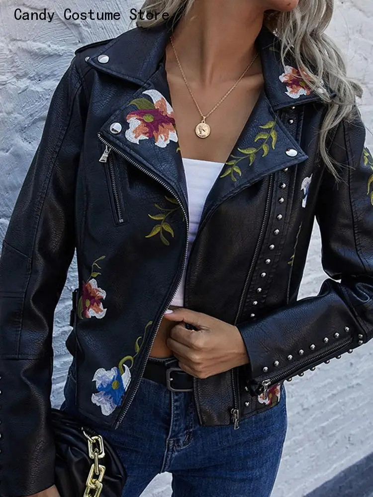 Top Trends: Female Black Punk Zipper Rivet Outerwear Floral Print Embroidery Faux Soft Leather Jacket Women Pu Motorcycle Coat Shoppable Styles