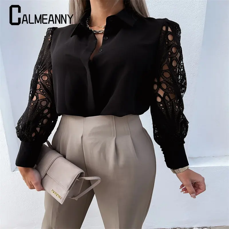 Top Trends: Summer Autumn Tops Blouses Solid Color Elegant Vintage Shirts Blouse Women Lace HollowOut Long Sleeve Lapel V Neck Shirts Ladies Shoppable Styles - Image 3