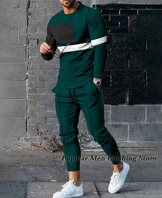 Top Trends: Spring Men's Tracksuit Set 3D Printed Solid Color Jogger Sportswear Casual Long Sleeves T Shirts+ Long Pants Suit Men Clothing Shoppable Styles