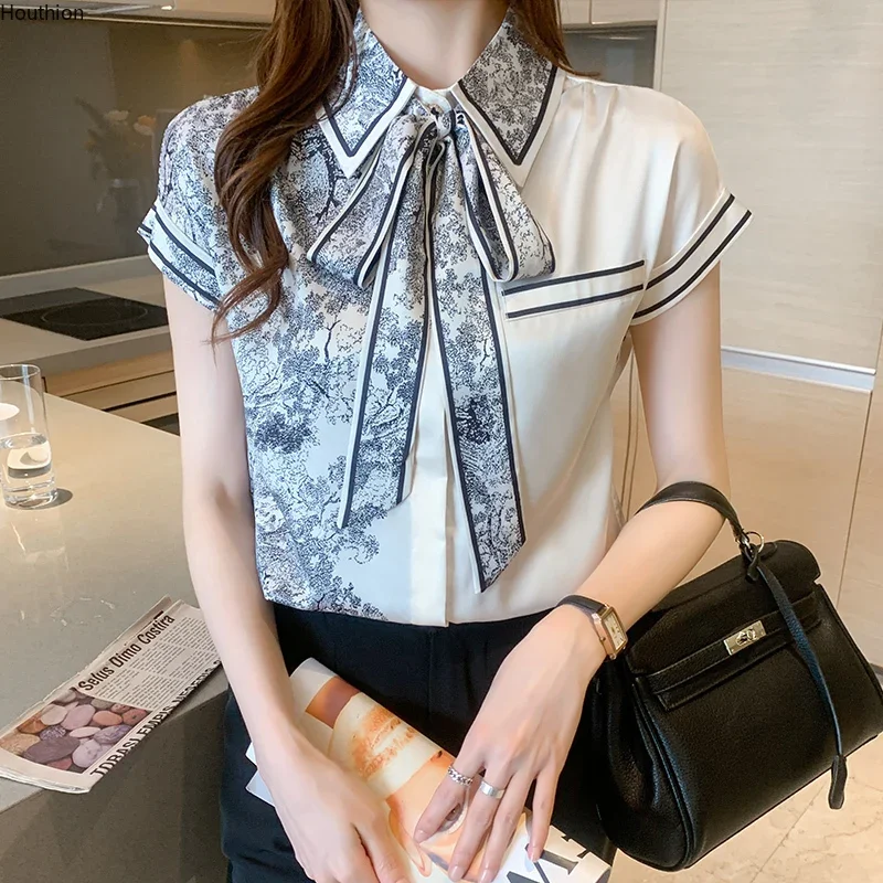 Top Trends: Satin Loose Large Size Women Blouse Summer New Casual Fashion Short Sleeve Top Stitching Bow Collar Shirt YCMYUNYAN Shoppable Styles