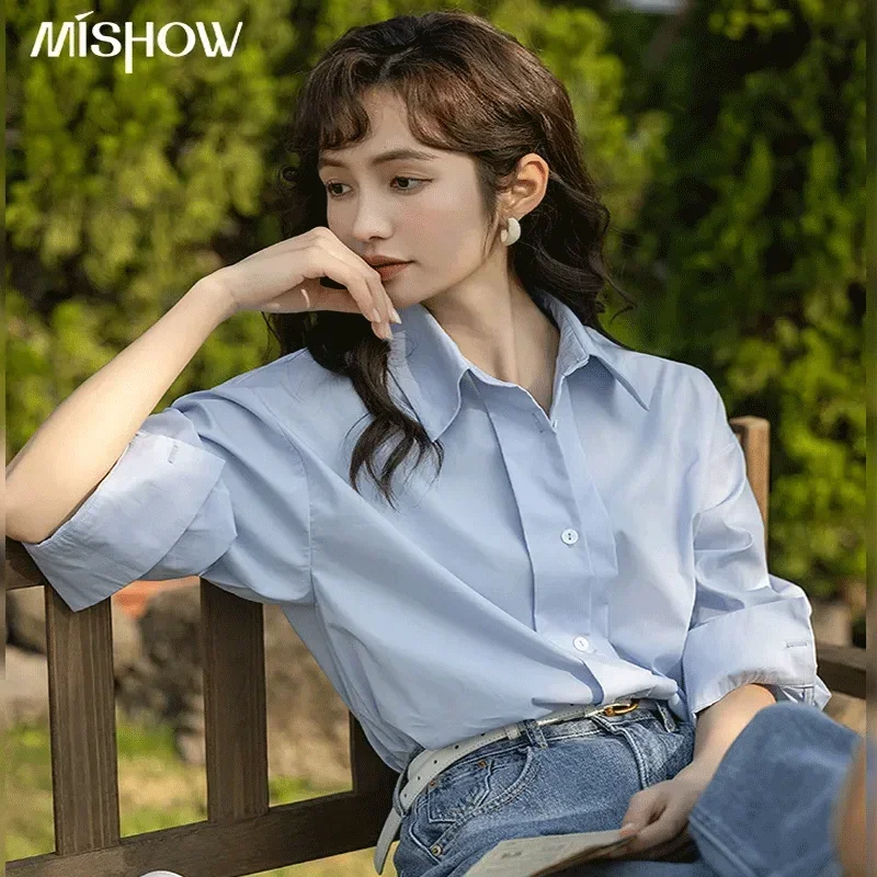 Top Trends: MISHOW Women&#039;s Shirt 2023 Spring Solid Polo-Neck Single Breasted Blouse Office Lady Long Sleeve Tops Clothing Female MXC13C0006 Shoppable Styles