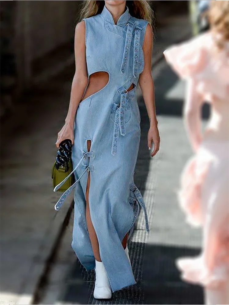 Top Trends: Women Tank Denim Dress Hollow Out Fashion Mandarin Collar Sexy Plain Stand Collar Cutout Sleeveless Split Maxi Dress 2023 Shoppable Styles