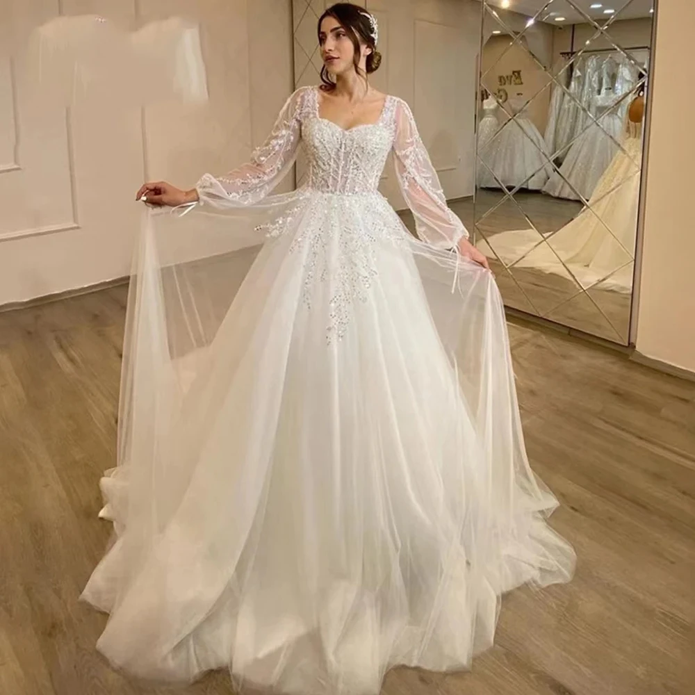 Top Trends: Beautiful Fluffy Long Sleeves Lace Appliques Square Neck Mopping Wedding Dresses White Fascinating Elegant Wedding Dresses Women Shoppable Styles