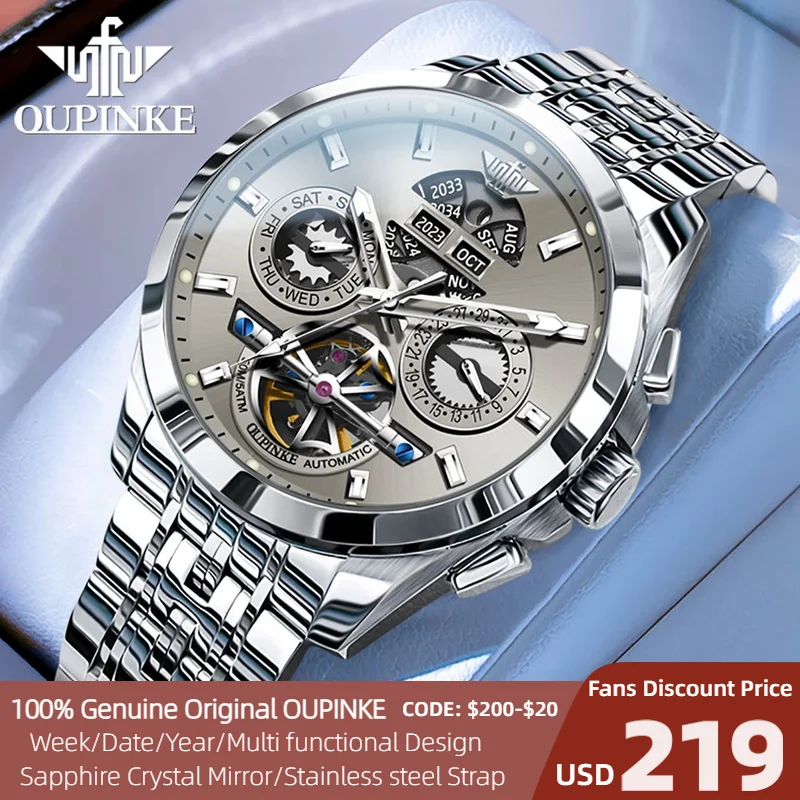 Top Trends: OUPINKE Automatic Watch Skeleton Stainless Steel Wristwatch Calendar Week Multifunctional Waterproof Sapphire Mirror Men's Watch Shoppable Styles