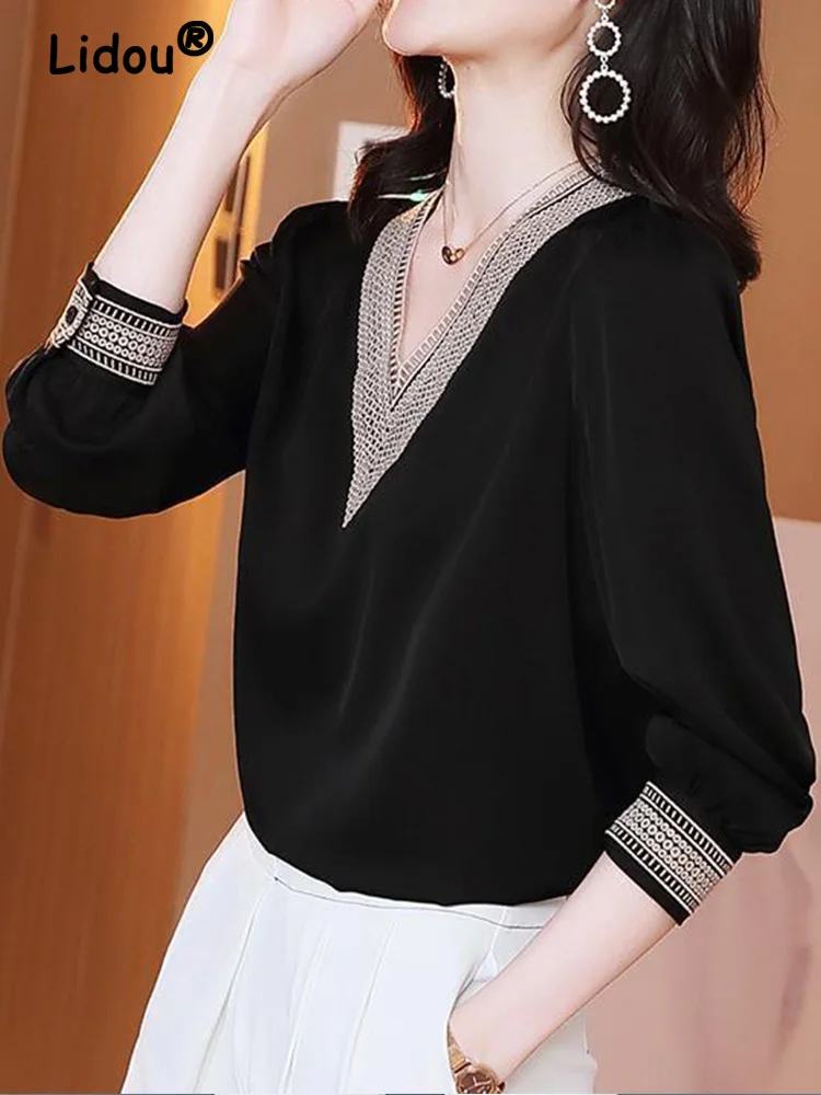 Top Trends: Elegant Fashion V-neck Embroidery Hollow Out Dignified Shirt New Summer Autumn 2022 Long Sleeve Solid Color Women's Clothing Shoppable Styles