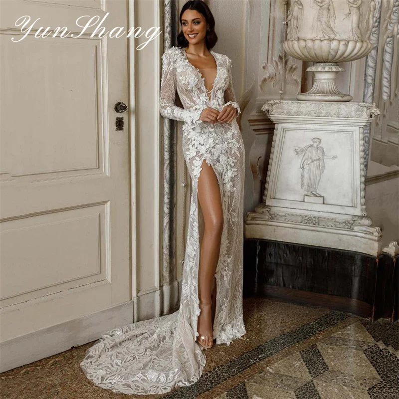 Top Trends: Yunshang Luxury Mermaid Wedding Dresses Women Lace Open Back Long Sleeve V-Neck Split Bridal Gown Sweep Train Vestidos De Novia Shoppable Styles