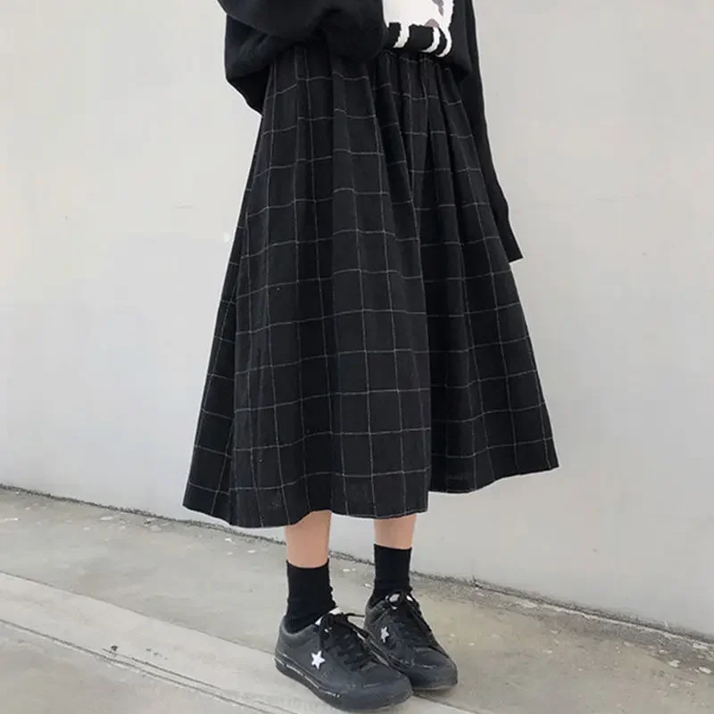 Top Trends: HOUZHOU Japanese Style Long Skirts Women 2023 Autumn Winter Plaid High Elastic Waist Loose A-line Pleated Skirt Vintage 2 Colors Shoppable Styles