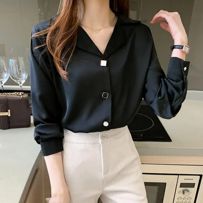 Top Trends: Autumn Elegant Buttons Solid Color Polo-Neck Long Sleeve Women Clotheing Femme All-match Basic Blouse Ladies Simplicity Tops Shoppable Styles