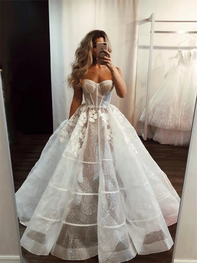 Top Trends: Haute Couture White Tulle Appliques Strapless Pleat Bride Dress Sleeveless Floor-Length A-LINE Sequin Sweep Train Wedding Dress Shoppable Styles