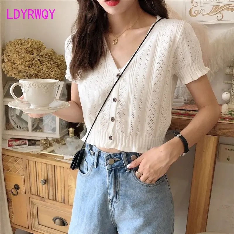 Top Trends: New White Knitted Short Sleeve T-shirt Short Top Cardigan Women&#039;s Summer In 2023 Shoppable Styles