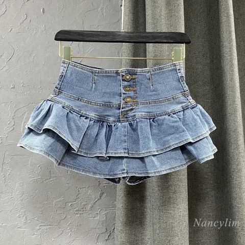 Top Trends: High Waist Single-Breasted Ruffles Cake Denim Skirt Woman 2023 Spring Summer New Bubble Jeans Skirts Girls Students Fit Stretch Shoppable Styles