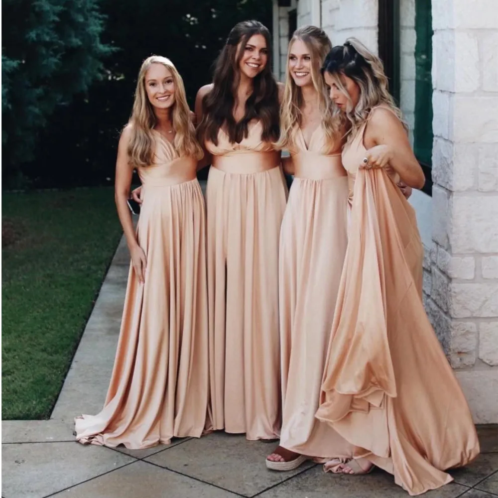 Top Trends: Summer Split V Neck Bridesmaid Dress Long For Women Wedding Party A Line Formal Dress Sleeveless Floor Length Maxi Evening Gown Shoppable Styles