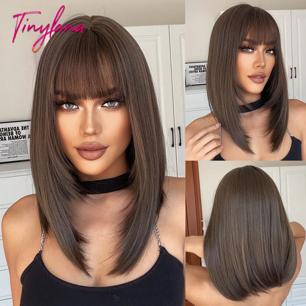 Top Trends: Medium Straight Synthetic Bob Wig Dark Black Brown Short Wigs With Bangs For Women Cosplay Daily Layered Hair Heat Resistant Shoppable Styles