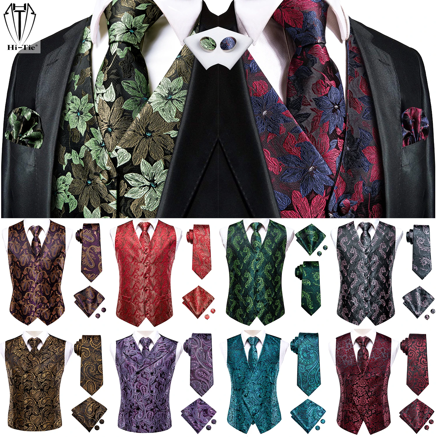 Top Trends: Hi-Tie Brand 30 Colors Silk Mens Vests Jacquard Paisley Floral Waist Coat Jacket Necktie Hanky Cufflinks For Men Sleeveless XXXL Shoppable Styles