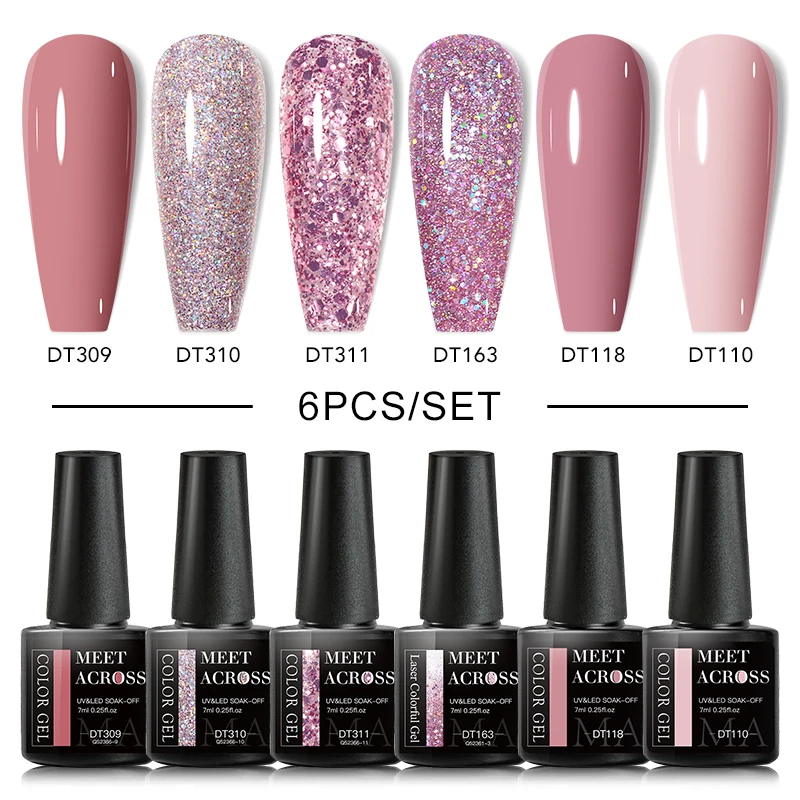 Top Trends: 6Pcs / Set Gel Nail Polish Set Nude Pink Glitter Semi Permanent Nail Polish Soak Off UV LED Base Top Coat Nail Art For Manicure Shoppable Styles