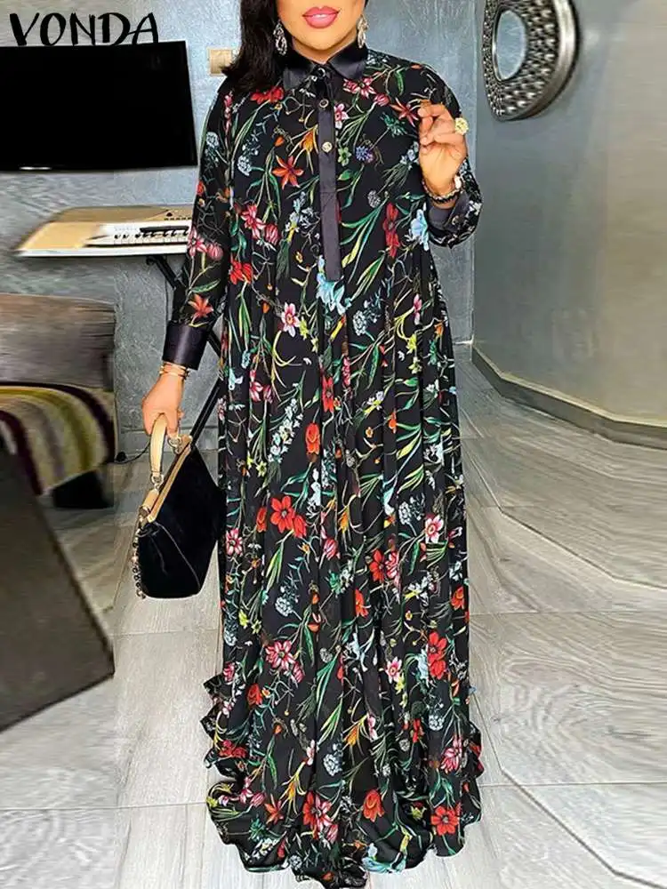 Top Trends: VONDA Fashion Bohemian Summer Party Dress Long Sleeve Lapel Button Sundress Floral Printed Vestidos Women A-Line Maxi Robe Shoppable Styles