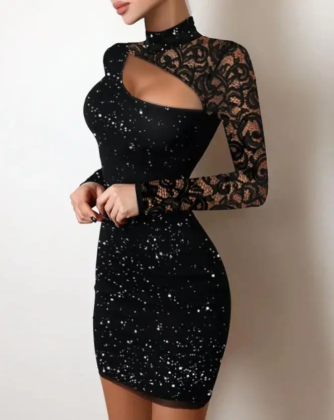 Top Trends: Evening Dresses For Women 2022 New Elegant Sexy Party Wedding Guest Glitter Contrast Lace Cutout Long Sleeve Bodycon Mini Dress Shoppable Styles